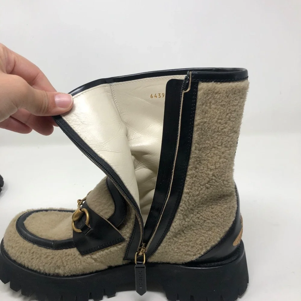 Gucci Ankle Shearling Combat‎ Boot Horsebit Womens 37.5 US 7.5 Beige Designer